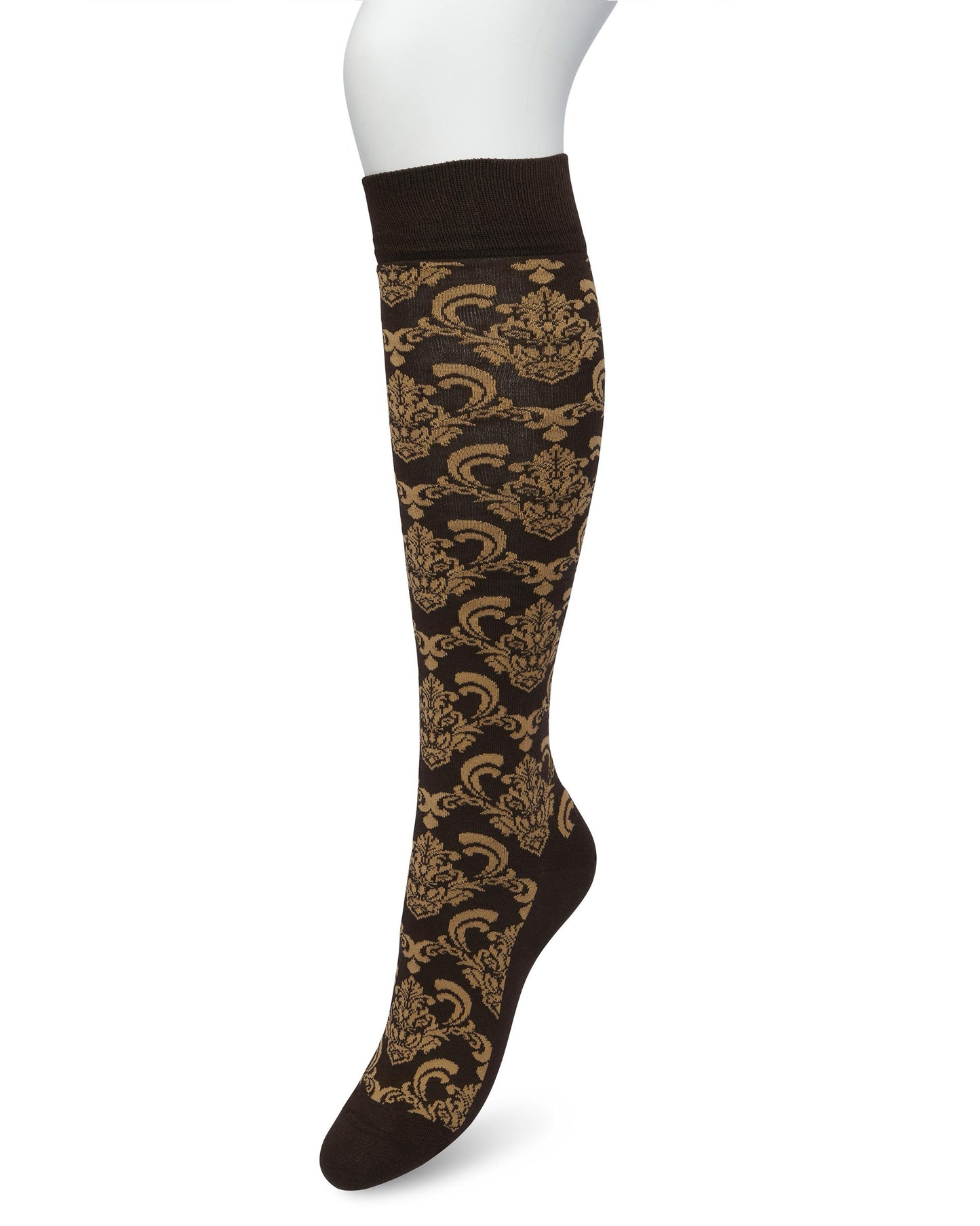 Bonnie Doon Ornament Knee-Highs - Brown cotton knee-high socks with an all over woven baroque style pattern in mustard colour, shaped heel, flat toe seam and elasticated comfort cuff.