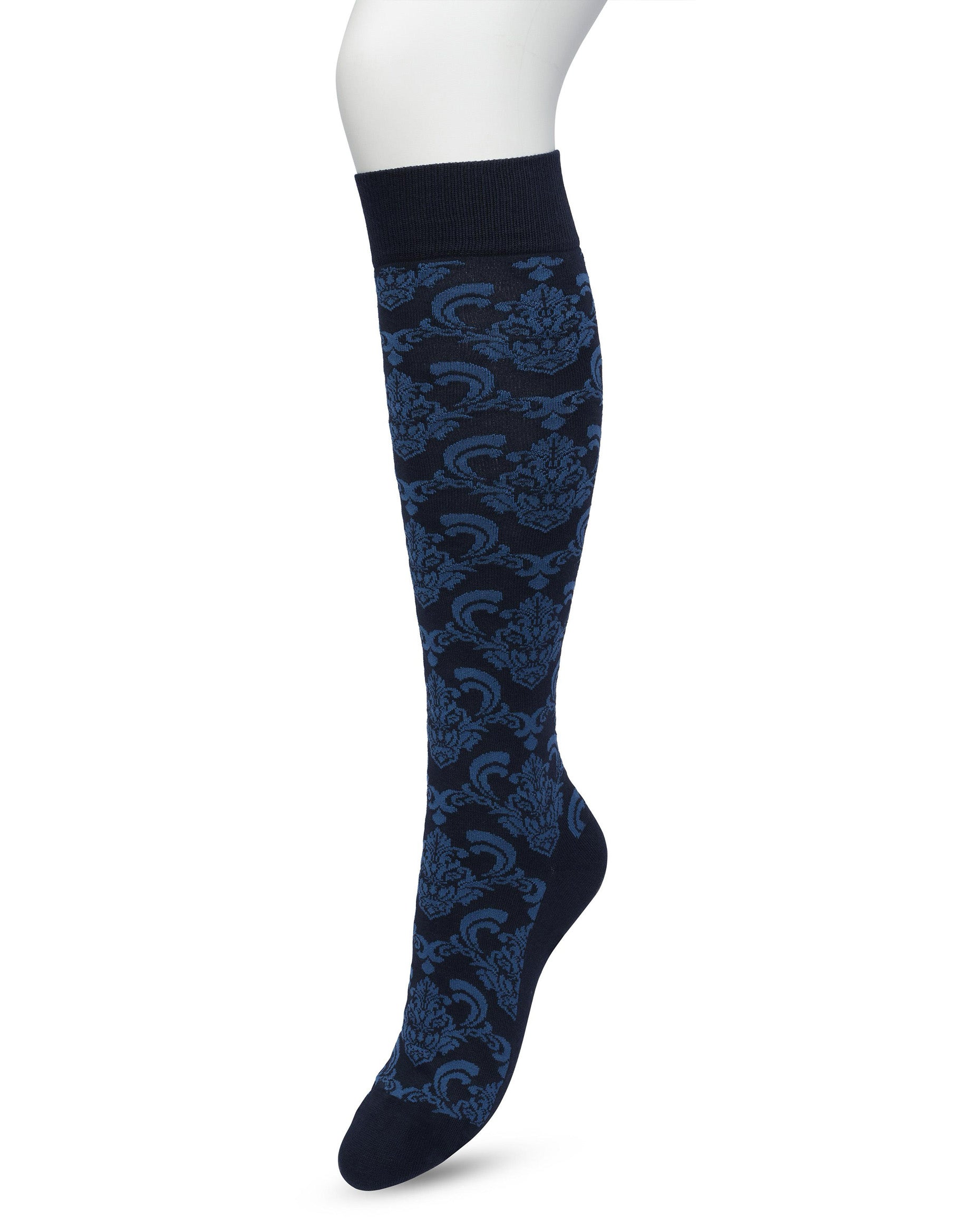 Bonnie Doon Ornament Knee-Highs - Navy cotton knee-high socks with an all over woven baroque style pattern in blue colour, shaped heel, flat toe seam and elasticated comfort cuff.