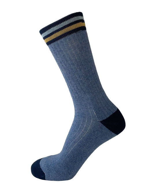 Bonnie Doon Cotton Stripe Socks - denim blue soft and warm chunky rib ankle socks with a mustard and light blue sports striped elasticated comfort cuff and navy heel and toe.