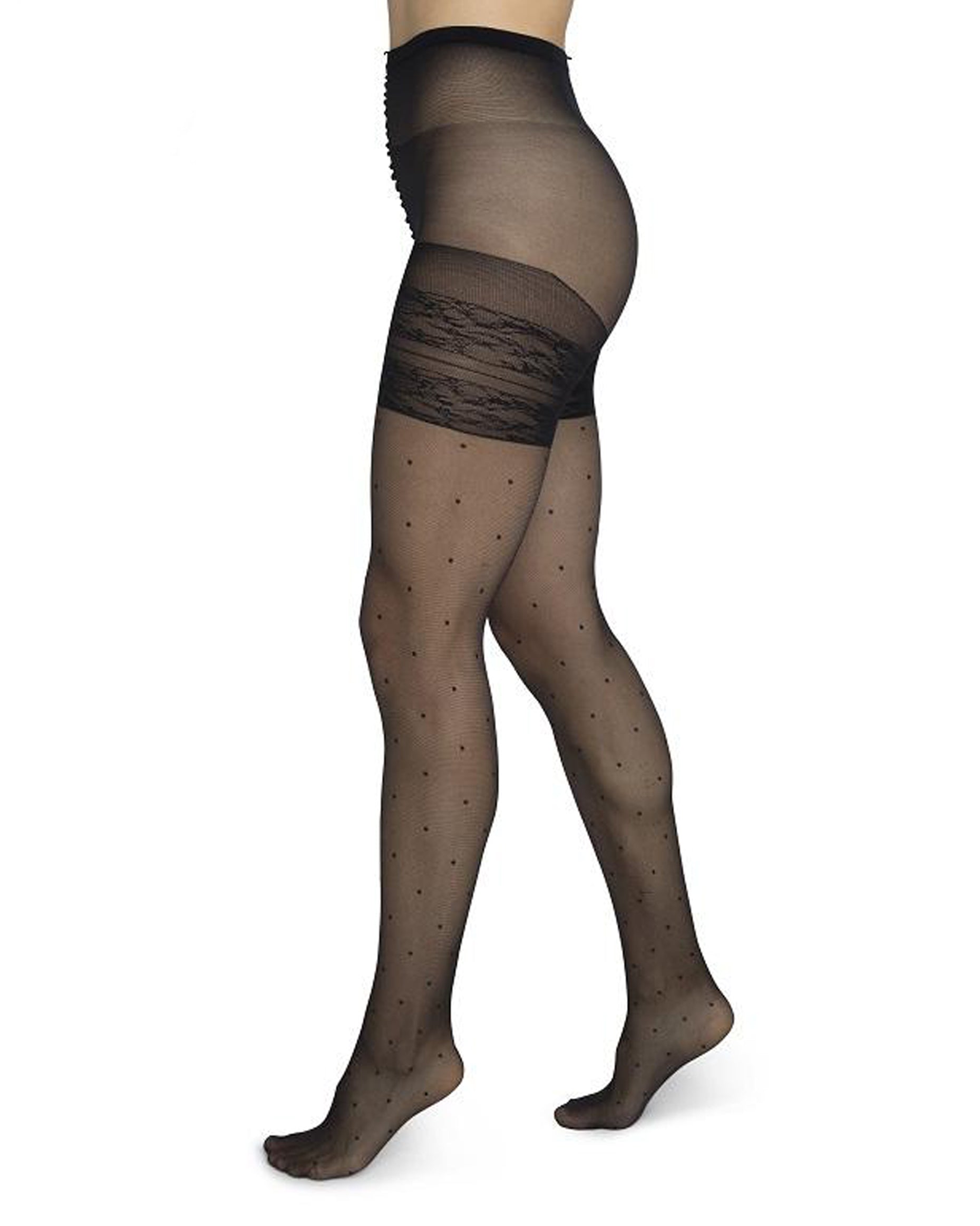 Bonnie Doon Curvy Dot Tights - Sheer black plus size tights with a small polka dot pattern, built in lace patterned anti-chafing bands and high extra stretchy waist.