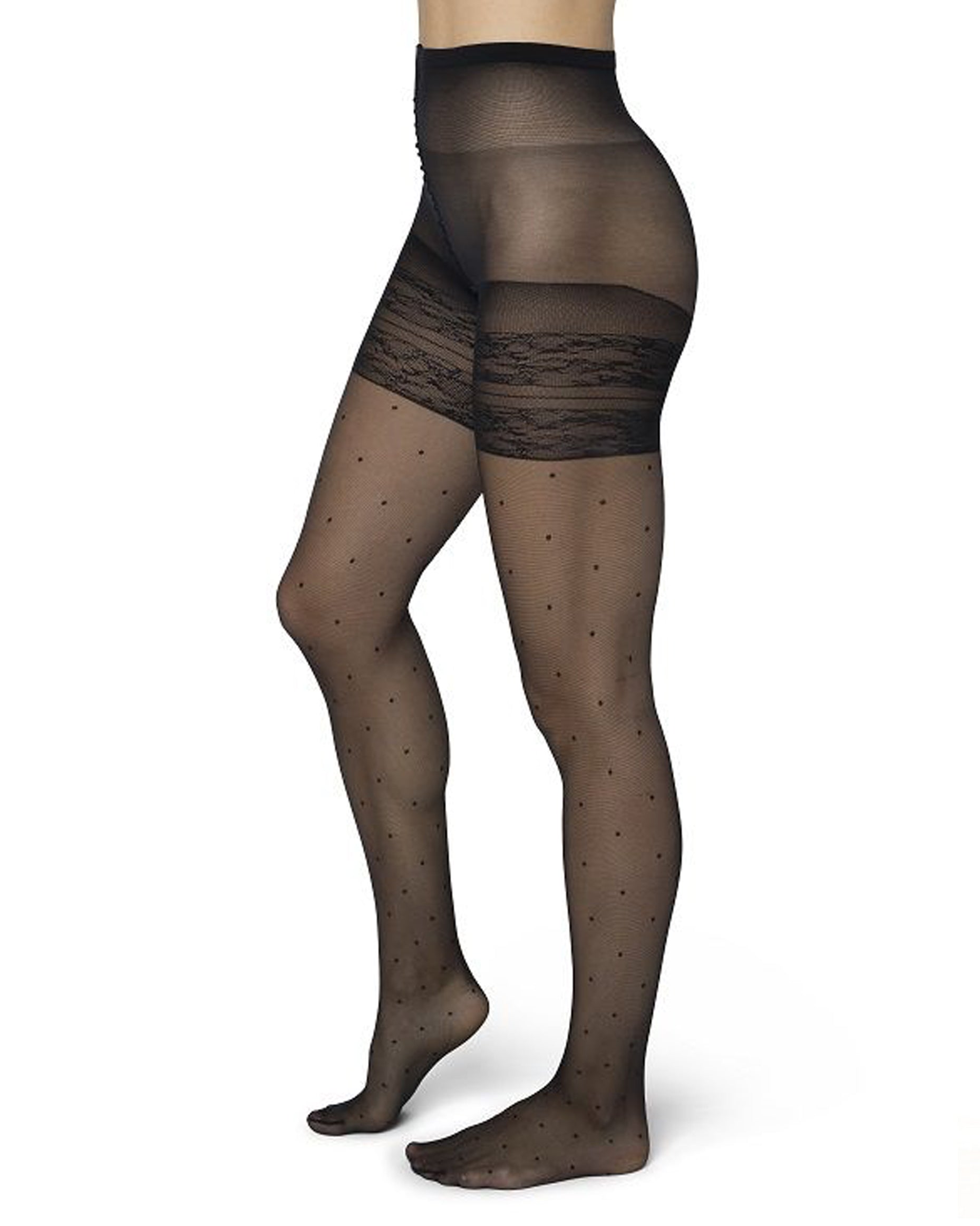 Bonnie Doon Curvy Dot Tights - Sheer black plus size tights with a small polka dot pattern, built in lace patterned anti-chafing bands and high extra stretchy waist.