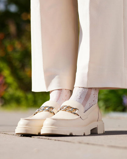 Bonnie Doon Flower Stripe Knee-Highs - Ivory fashion knee-high socks with a vertical stripe pattern with a flower and dot design worn with cream loafers and wide legged pants.