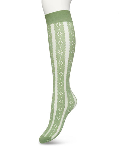 Bonnie Doon Flower Stripe Knee-Highs - Sage green fashion knee-high socks with a vertical stripe pattern with a flower and dot design with scalloped edge, reinforced toe and deep elasticated comfort cuff