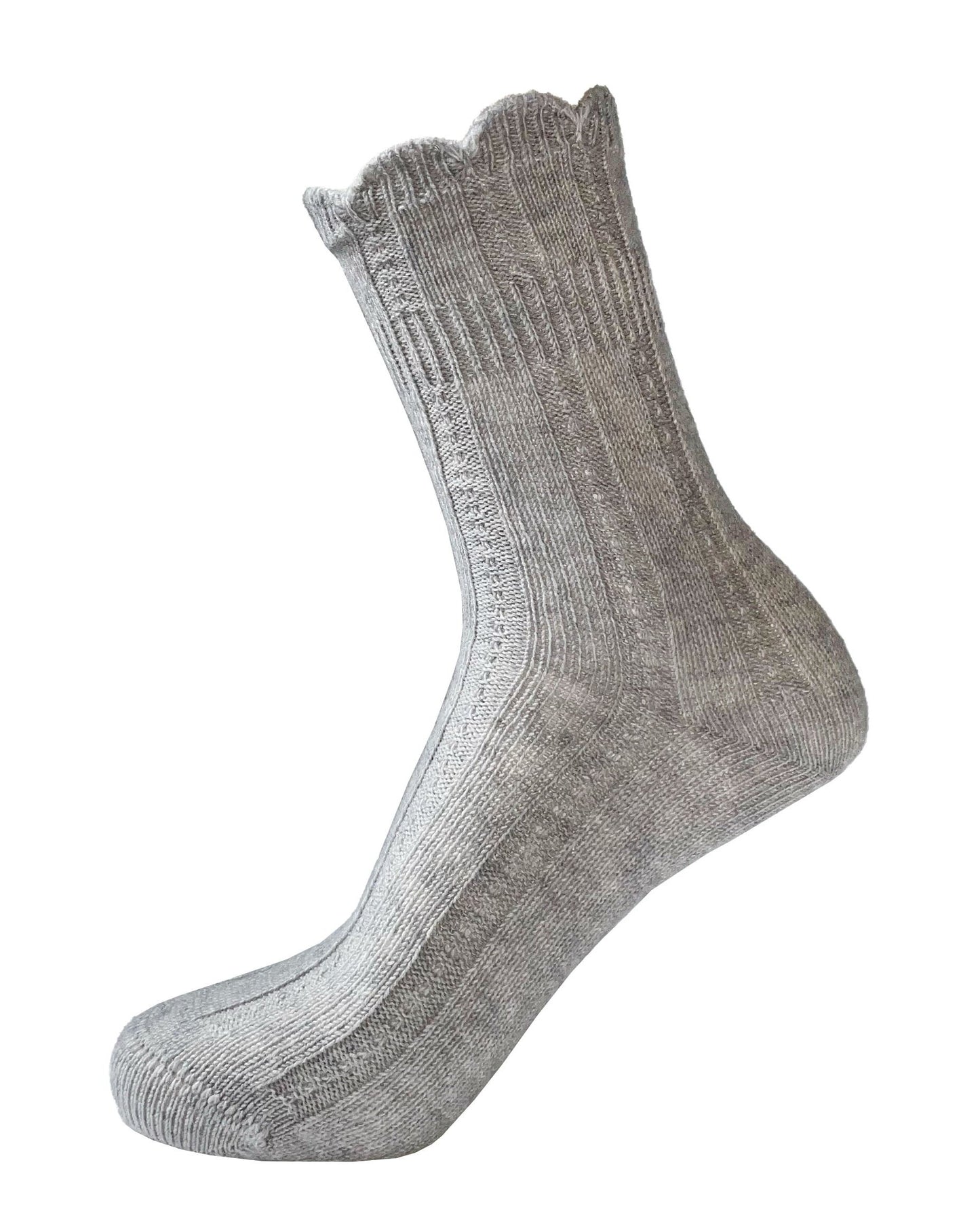 Bonnie Doon Girly Cashmere Socks - Soft and warm light grey ribbed knit thermal ankle socks with a scalloped edge, plain sole and flat toe seam. 