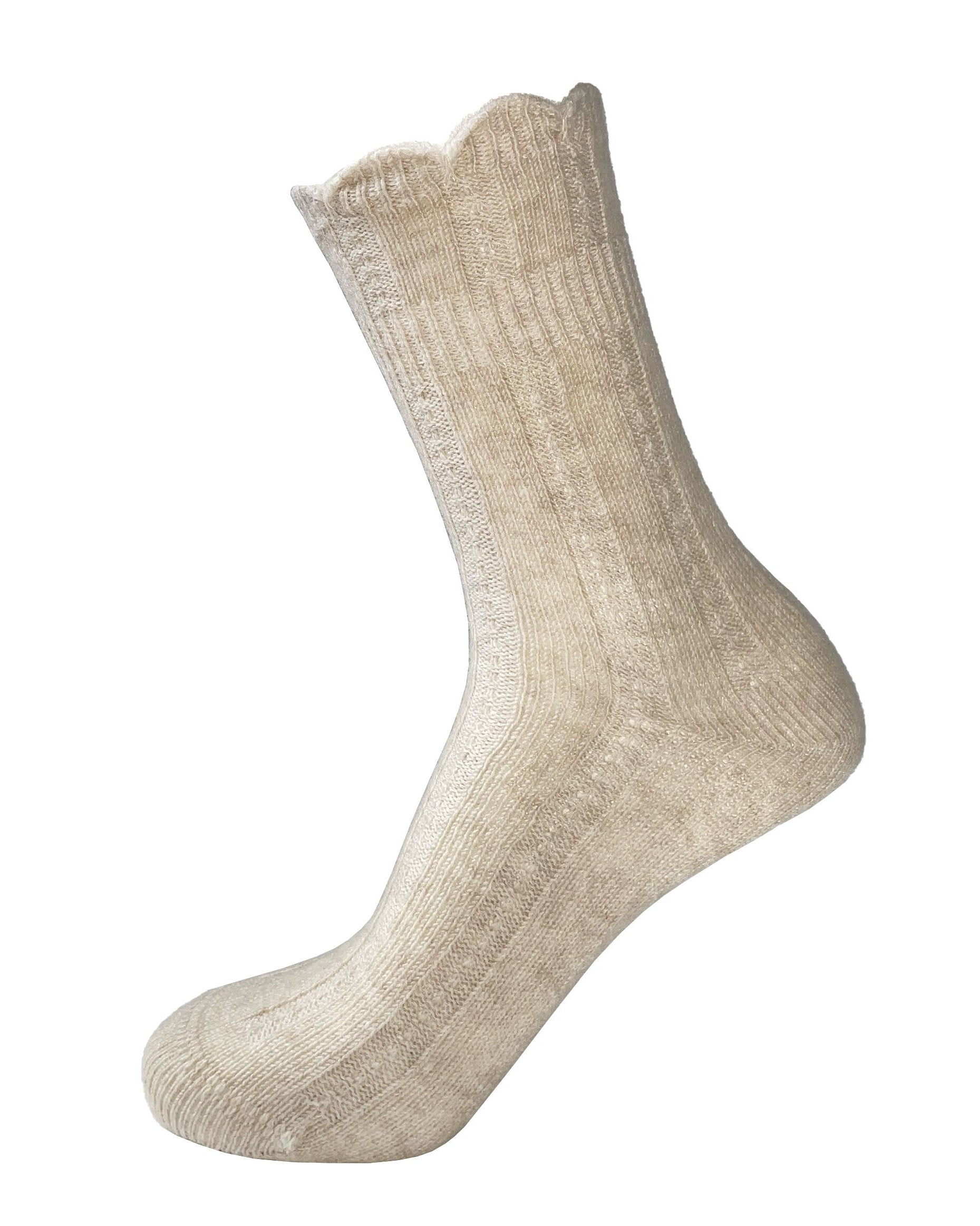 Bonnie Doon Girly Cashmere Socks - Soft and warm oat beige ribbed knit thermal ankle socks with a scalloped edge, plain sole and flat toe seam. 