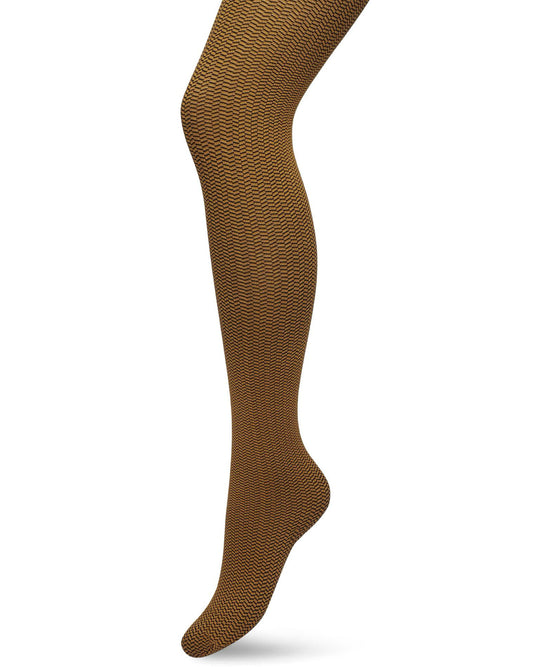 Bonnie Doon Little Herringbone Tights - Dark mustard opaque fashion tights with a black herringbone outline style pattern.