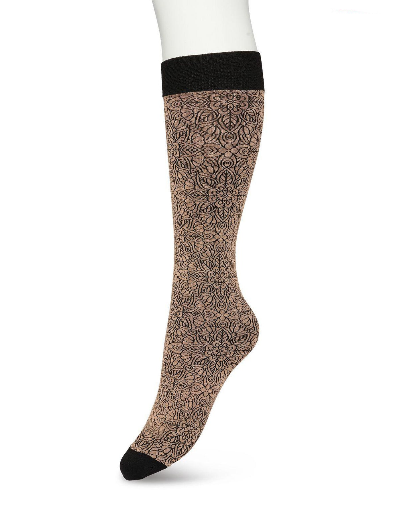 Bonnie Doon Mandala Knee-Highs - Ultra opaque golden beige fashion knee-high glossy socks with a black mandala floral style pattern in black and a deep black comfort cuff.