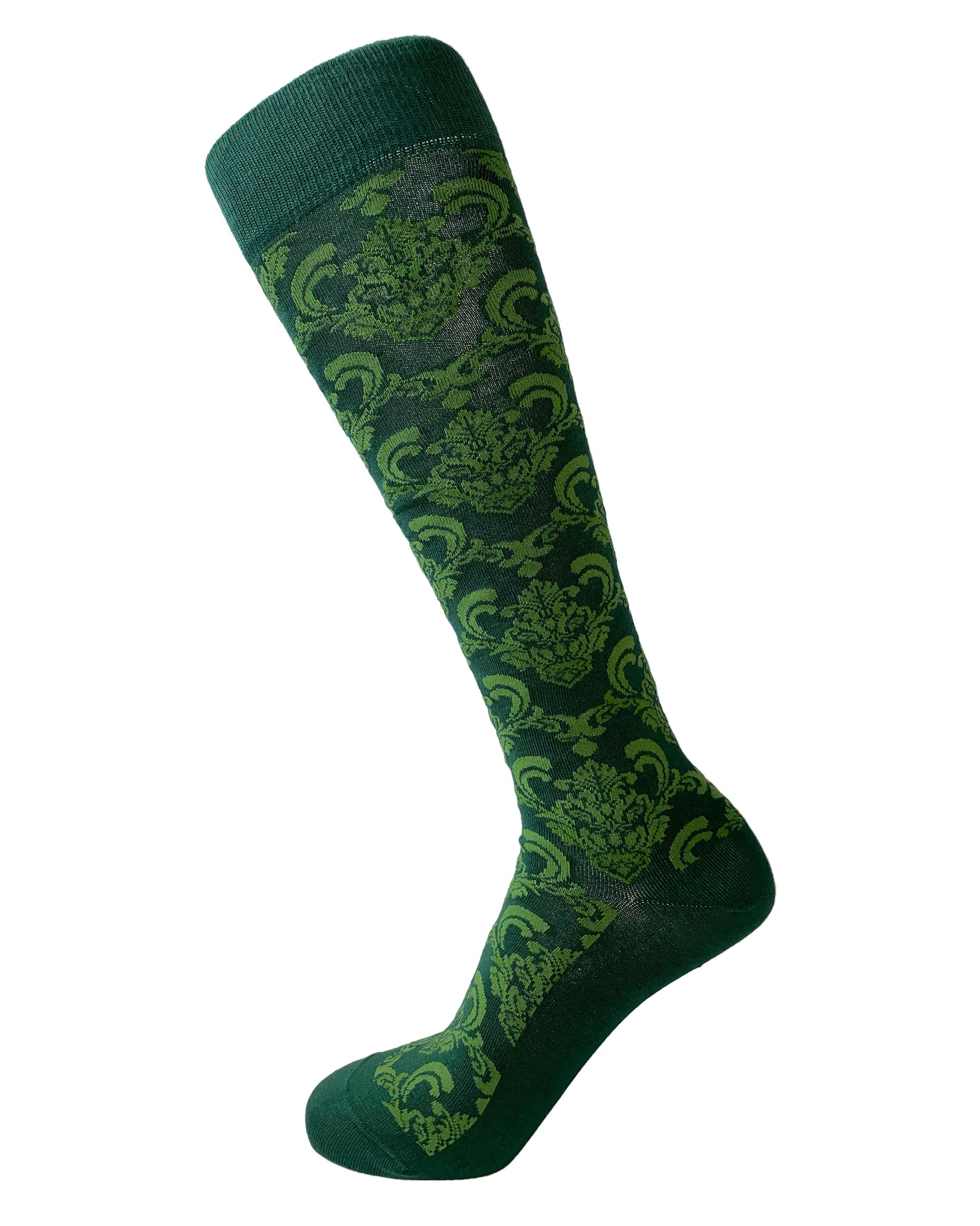 Bonnie Doon Ornament Knee-Highs - Dark green cotton knee-high socks with an all over woven baroque style pattern in olive green colour, shaped heel, flat toe seam and elasticated comfort cuff.