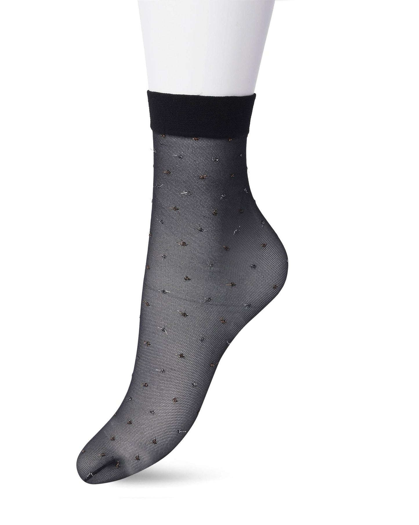 Bonnie Doon BP211115 Lurex Party Sock - Black micro tulle effect fashion ankle socks with a woven metallic gold and silver spot pattern.