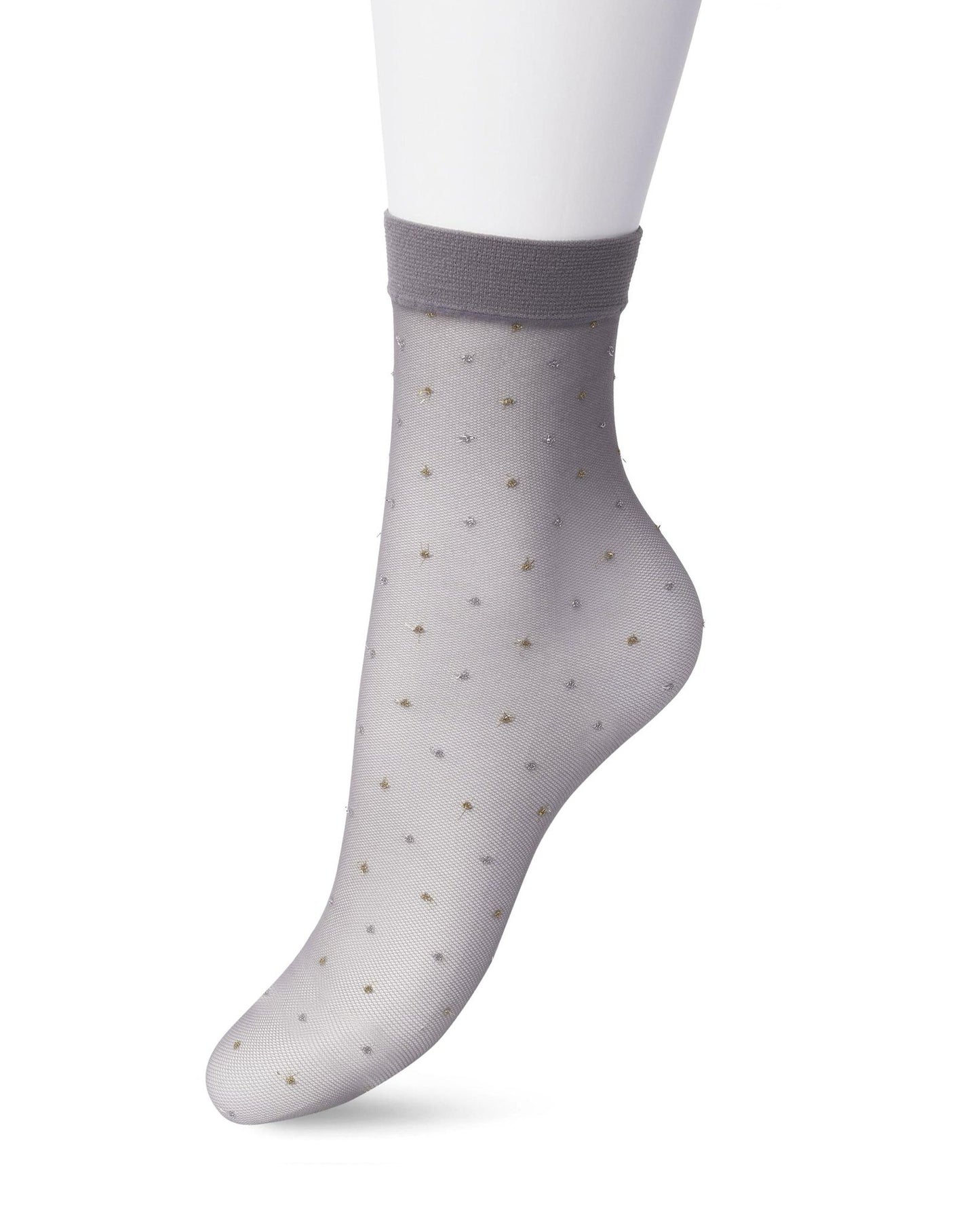 Bonnie Doon BP211115 Lurex Party Sock - Light Grey (Castlerock) micro tulle effect fashion ankle socks with a woven metallic gold and silver spot pattern.