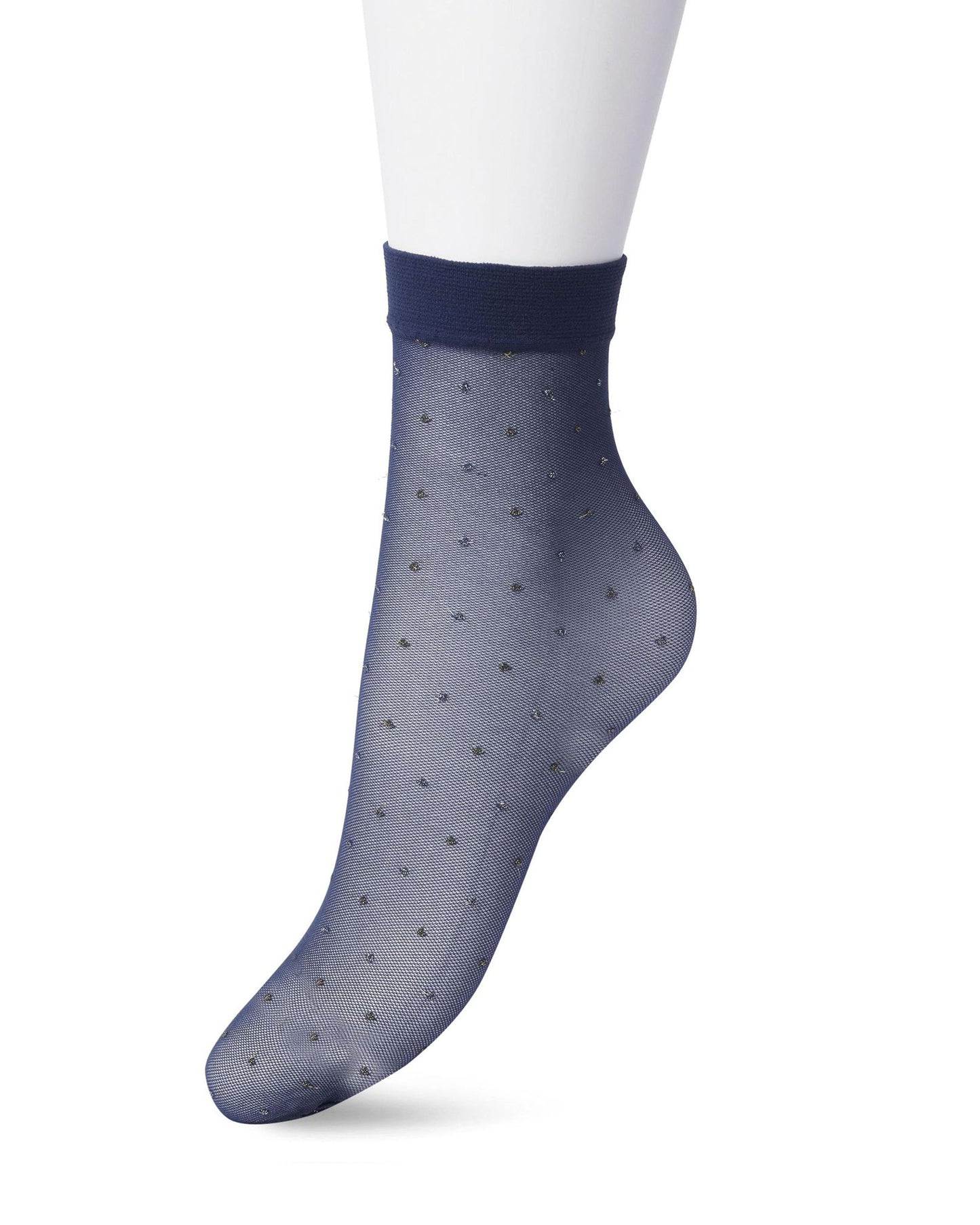 Bonnie Doon BP211115 Lurex Party Sock - Black Iris (Navy) micro tulle effect fashion ankle socks with a woven metallic gold and silver spot pattern.