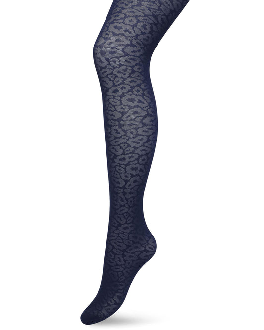 Bonnie Doon Panther Texture Tights - Navy blue opaque fashion tights with a semi sheer micro mesh woven leopard print style pattern, flat seams and gusset.