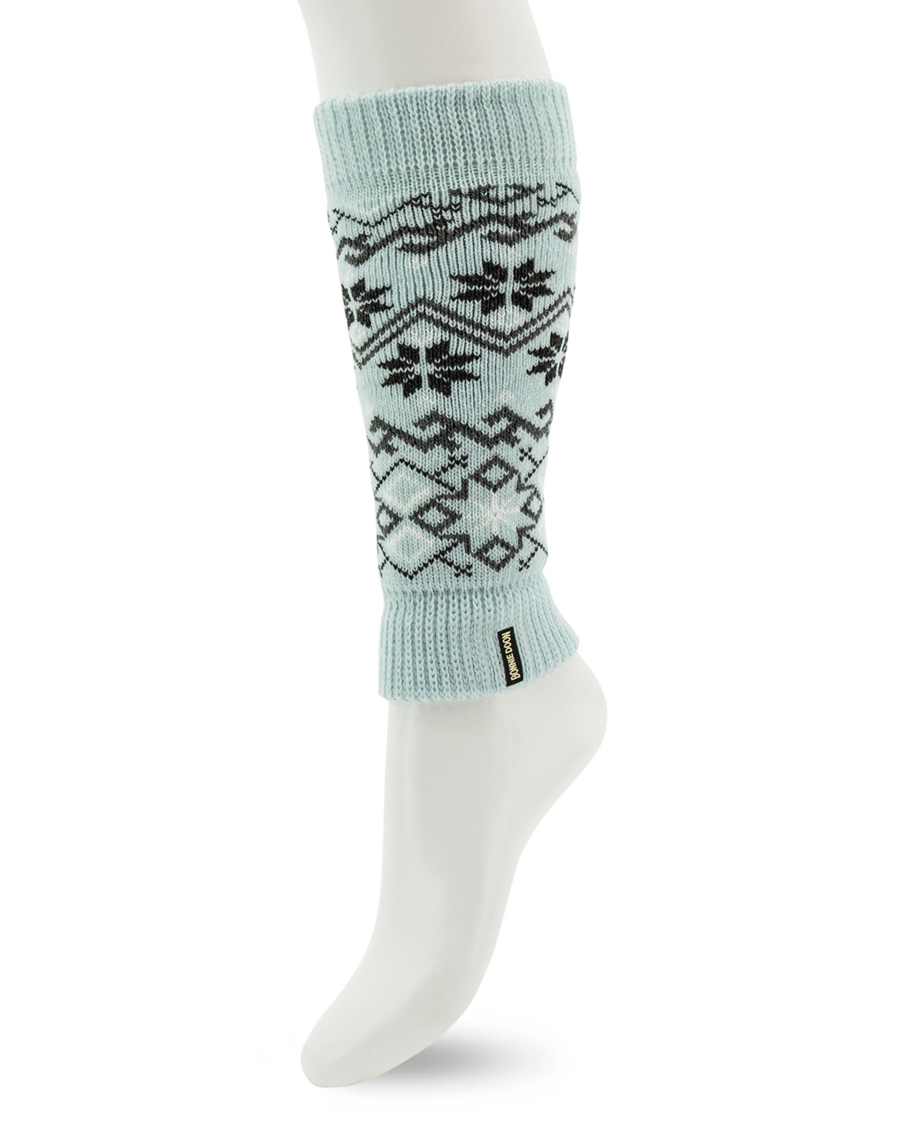 Bonnie Doon Winter Leg Warmer - Soft and warm pale blue knitted leg warmers/arm sleevers with a Norwegian style pattern of snowflakes and geometric shapes and lines in black, white and dark grey and a deep elasticated cuff.