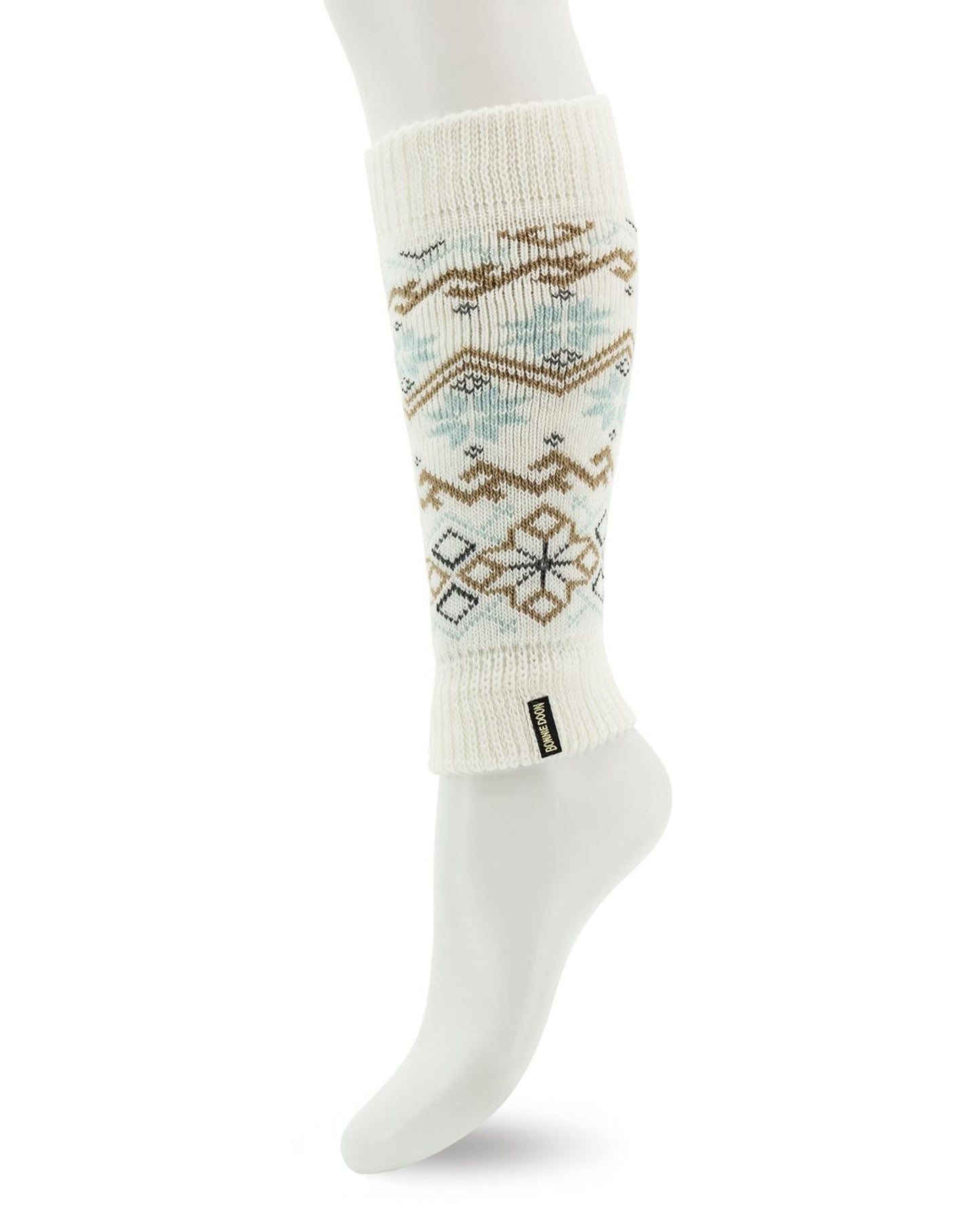 Bonnie Doon Winter Leg Warmer - Soft and warm cream knitted leg warmers/arm sleevers with a Norwegian style pattern of snowflakes and geometric shapes and lines in light blue and beige and a deep elasticated cuff.