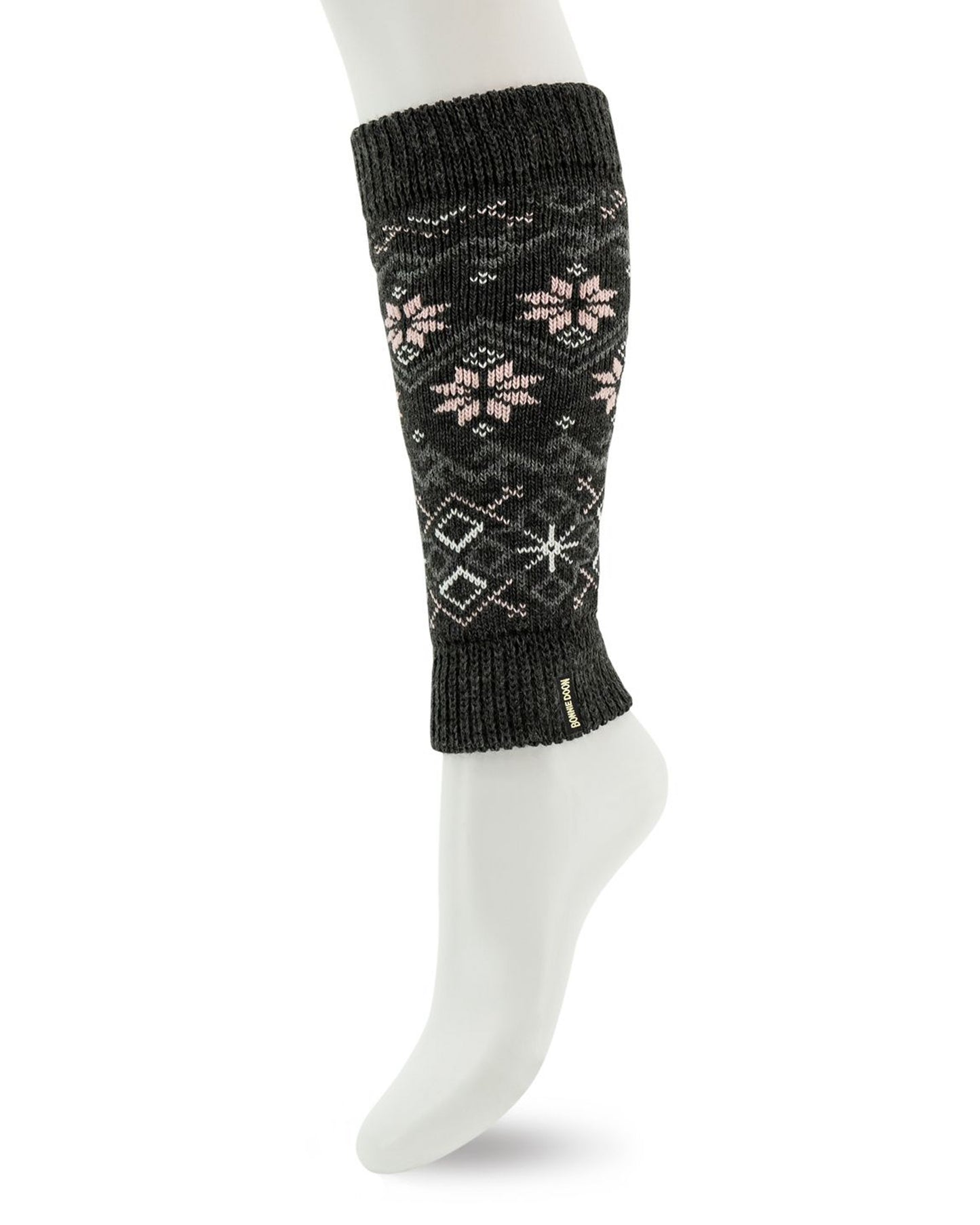 Bonnie Doon Winter Leg Warmer - Soft and warm dark grey knitted leg warmers/arm sleevers with a Norwegian style pattern of snowflakes and geometric shapes and lines in white and pale pink and a deep elasticated cuff.