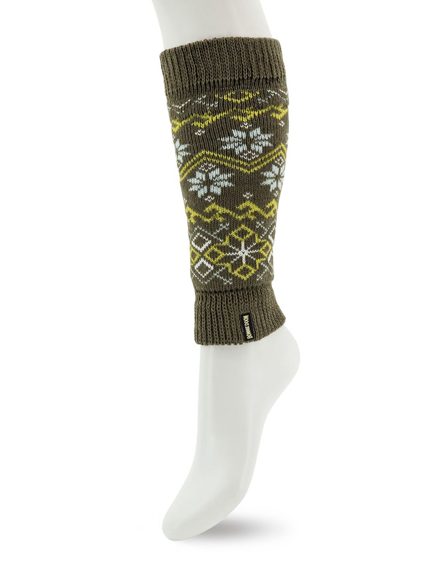 Bonnie Doon Winter Leg Warmer - Soft and warm khaki green knitted leg warmers/arm sleevers with a Norwegian style pattern of snowflakes and geometric shapes and lines in lime yellow and mint green and a deep elasticated cuff.