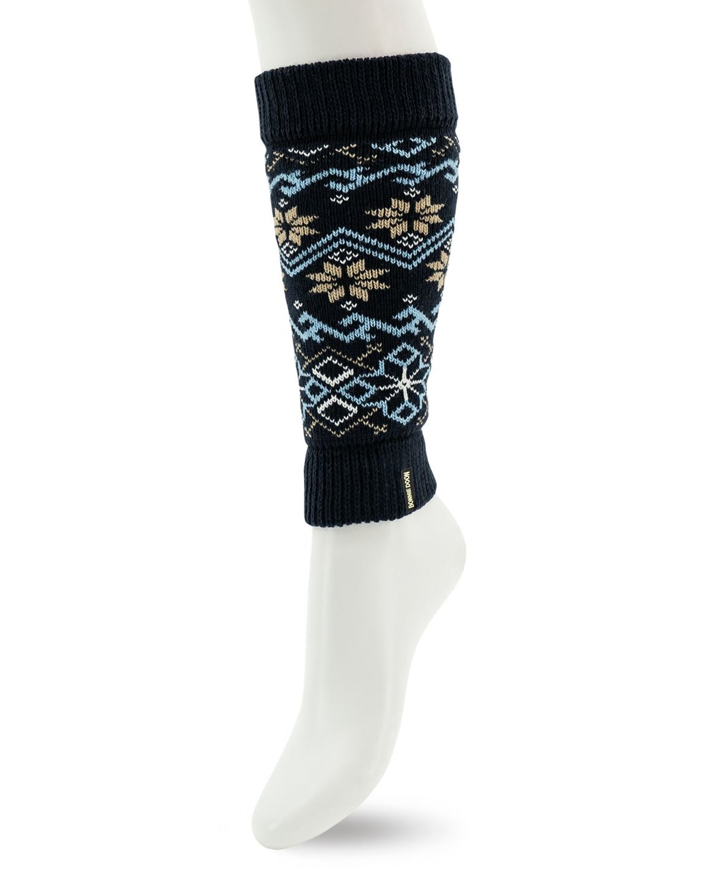 Bonnie Doon Winter Leg Warmer - Soft and warm navy knitted leg warmers/arm sleevers with a Norwegian style pattern of snowflakes and geometric shapes and lines in light blue and beige and a deep elasticated cuff.