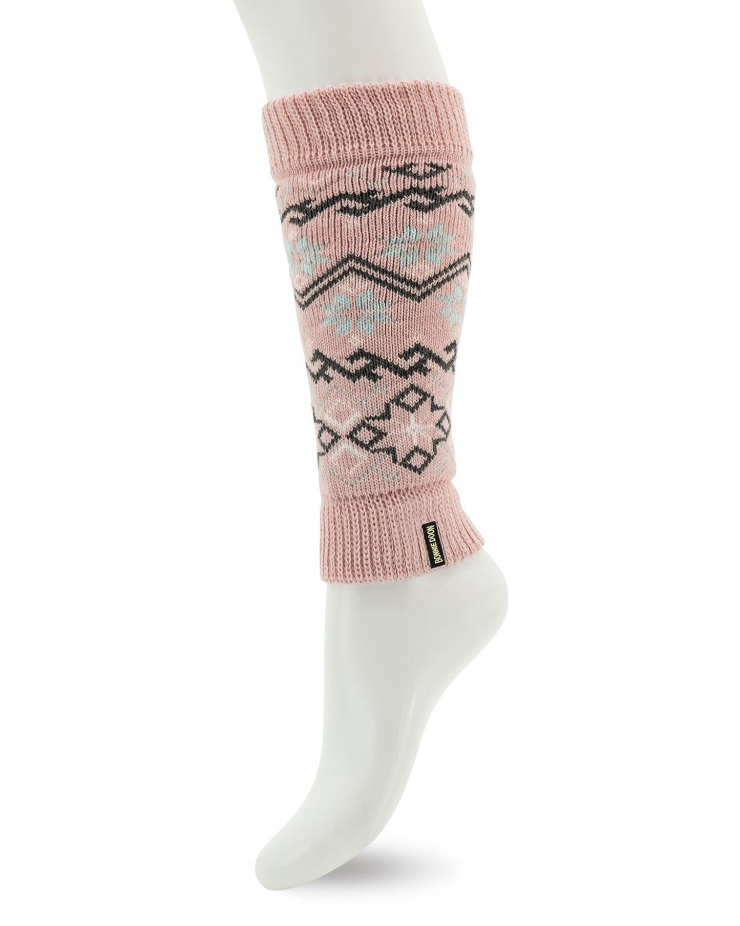 Bonnie Doon Winter Leg Warmer - Soft and warm pale pink knitted leg warmers/arm sleevers with a Norwegian style pattern of snowflakes and geometric shapes and lines in light blue and dark grey and a deep elasticated cuff.