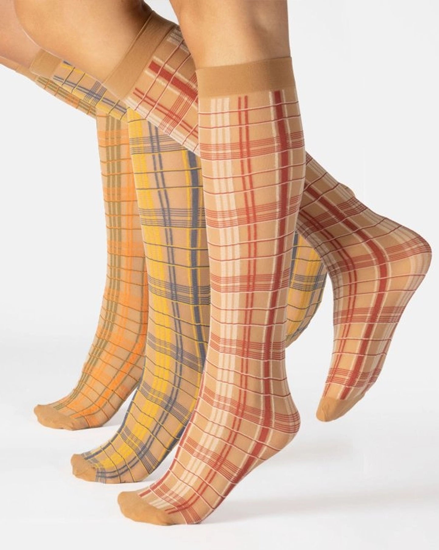 Calzitaly Plaid Knee-high Socks - Sheer nude fashion knee socks with a woven tartan/plaid pattern with a plain cuff.