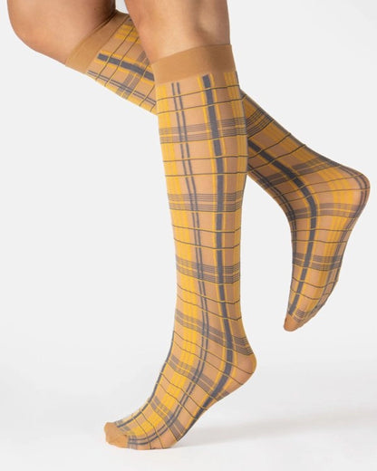 Calzitaly Plaid Knee-high Socks - Sheer nude fashion knee socks with an yellow and denim blue woven tartan/plaid pattern with a plain cuff.