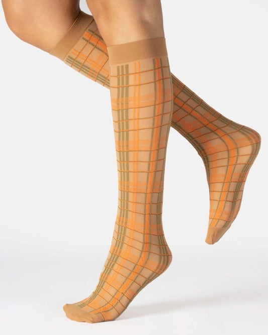 Calzitaly Plaid Knee-high Socks - Sheer nude fashion knee socks with an orange and khaki green woven tartan/plaid pattern with a plain cuff.