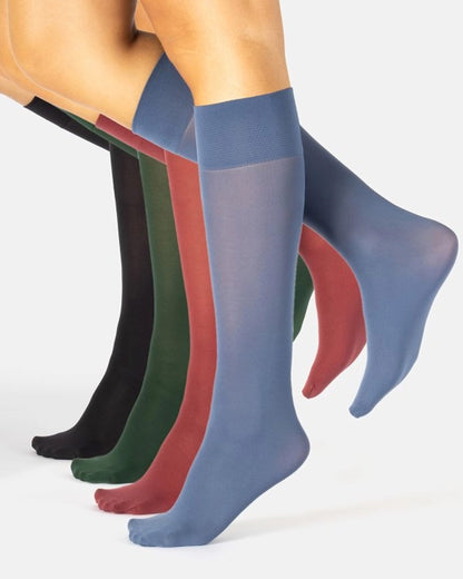 Calzitaly Opaque Knee-High Socks - Soft matte opaque 40 denier knee-high socks with a deep elasticated cuff in black, bottle green, maroon and denim blue.