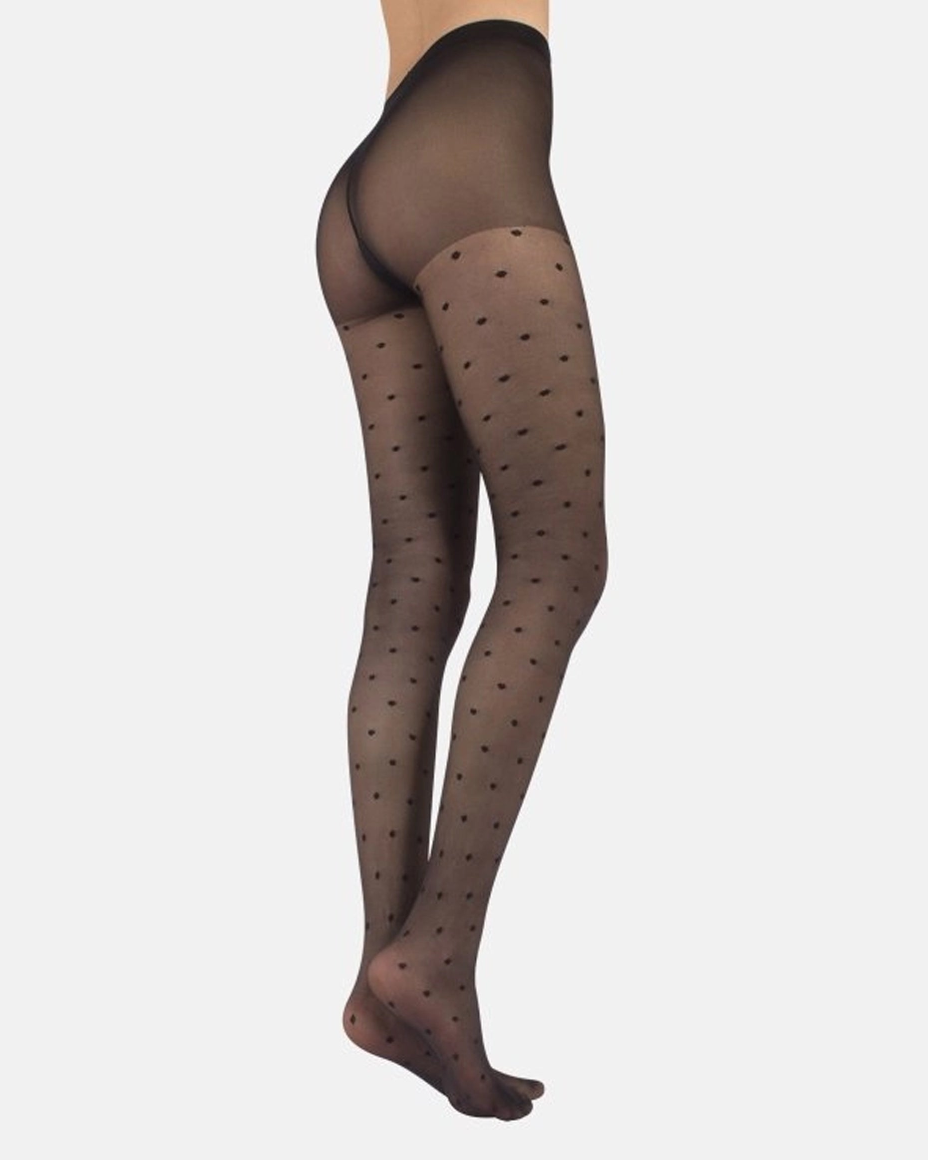 Calzitaly Mesh Polka Dot Tights - Black micro mesh fashion tights with a woven polka dot pattern, reinforced boxer top brief and gusset. Side back view.