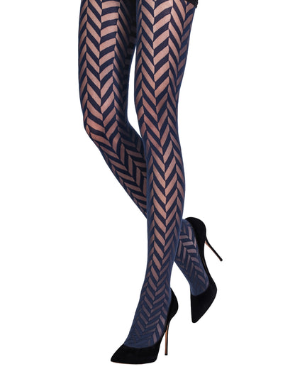 Emilio Cavallini 5E23.1.52 Classic Herringbone Tights - Navy blue sheer and opaque chevron zig-zag style patterned fashion tights