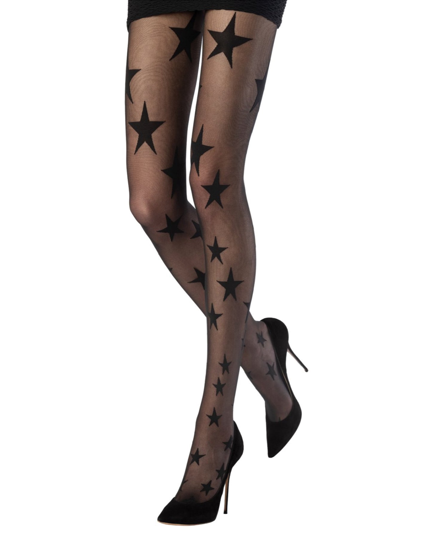 Emilio Cavallini Galaxy Tights - Sheer black fashion tights with an all over stars pattern, worn with mini skirt with high heels.