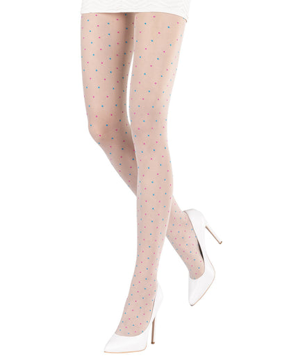 Emilio Cavallini Multicolor Plumetis Tights - Sheer cream fashion ankle socks with an all over small polka dot spot pattern in pink and blue, worn with white high heel stilettos and white mini skirt.