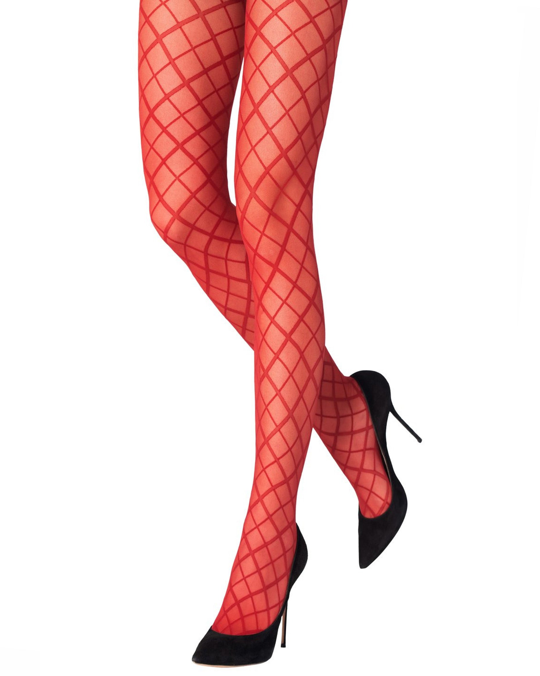 Emilio Cavallini Tone On Tone Argyle Tights - Sheer red fashion tights with a simple argyle pattern worn with black high heels.