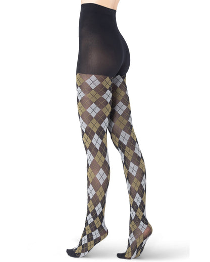 Emilio Cavallini Argyle Tights - Matte opaque black fashion tights with a diamond argyle pattern in khaki green and light grey with black boxer top and reinforced toe.