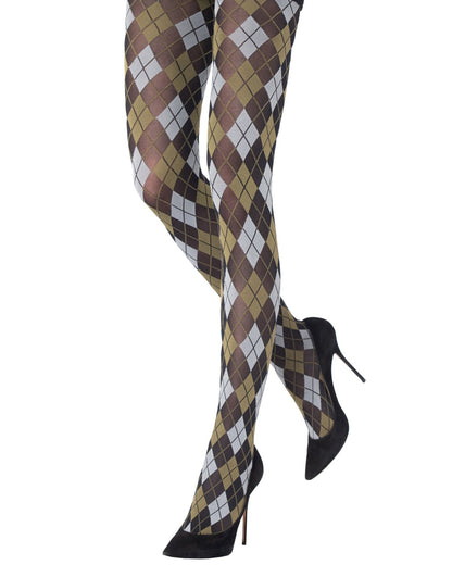 Emilio Cavallini Argyle Tights - Matte opaque black fashion tights with a diamond argyle pattern in khaki green and light grey