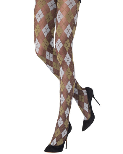 Emilio Cavallini Argyle Tights - Matte opaque brown fashion tights with a diamond argyle pattern in khaki green and light grey