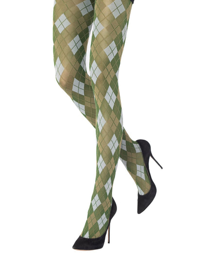 Emilio Cavallini Argyle Tights - Matte opaque olive green fashion tights with a diamond argyle pattern in khaki green and light grey