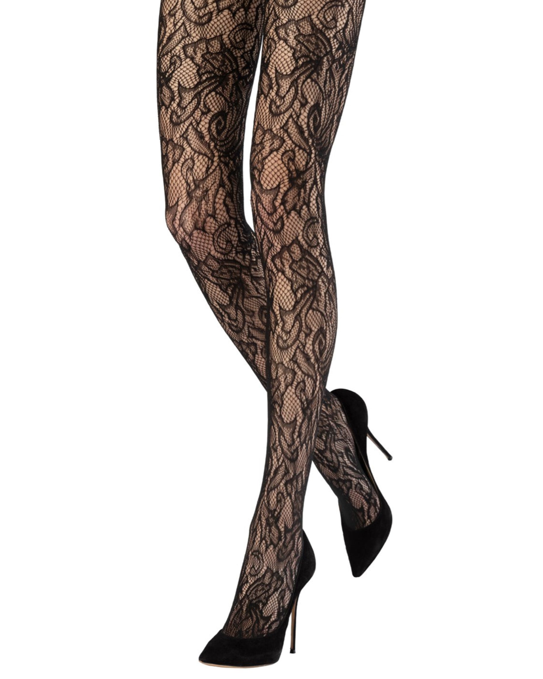 Emilio Cavallini Camelia Lace Tights - Black openwork fishnet floral lace style fashion tights with seamless body. Worn with black stilettos.