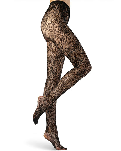 Emilio Cavallini Camelia Lace Tights - Black openwork fishnet floral lace style fashion tights with seamless body. Side view.