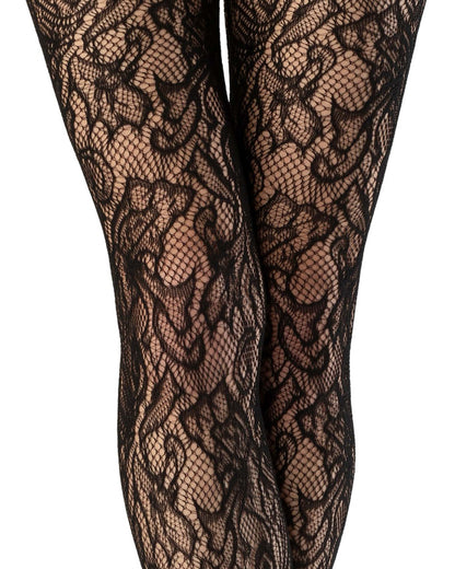 Emilio Cavallini Camelia Lace Tights - Black openwork fishnet floral lace style fashion tights with seamless body. Close up detail.