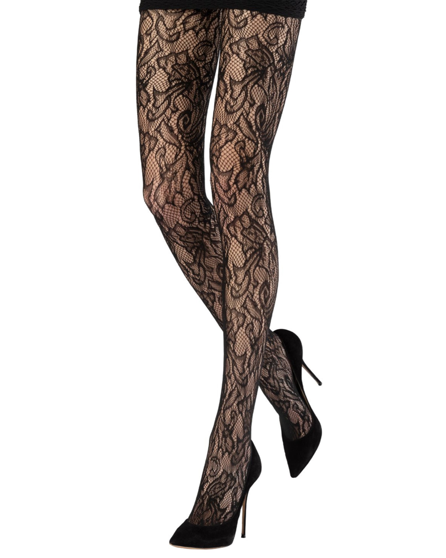 Emilio Cavallini Camelia Lace Tights - Black openwork fishnet floral lace style fashion tights with seamless body. Worn with black mini skirt and stilettos.