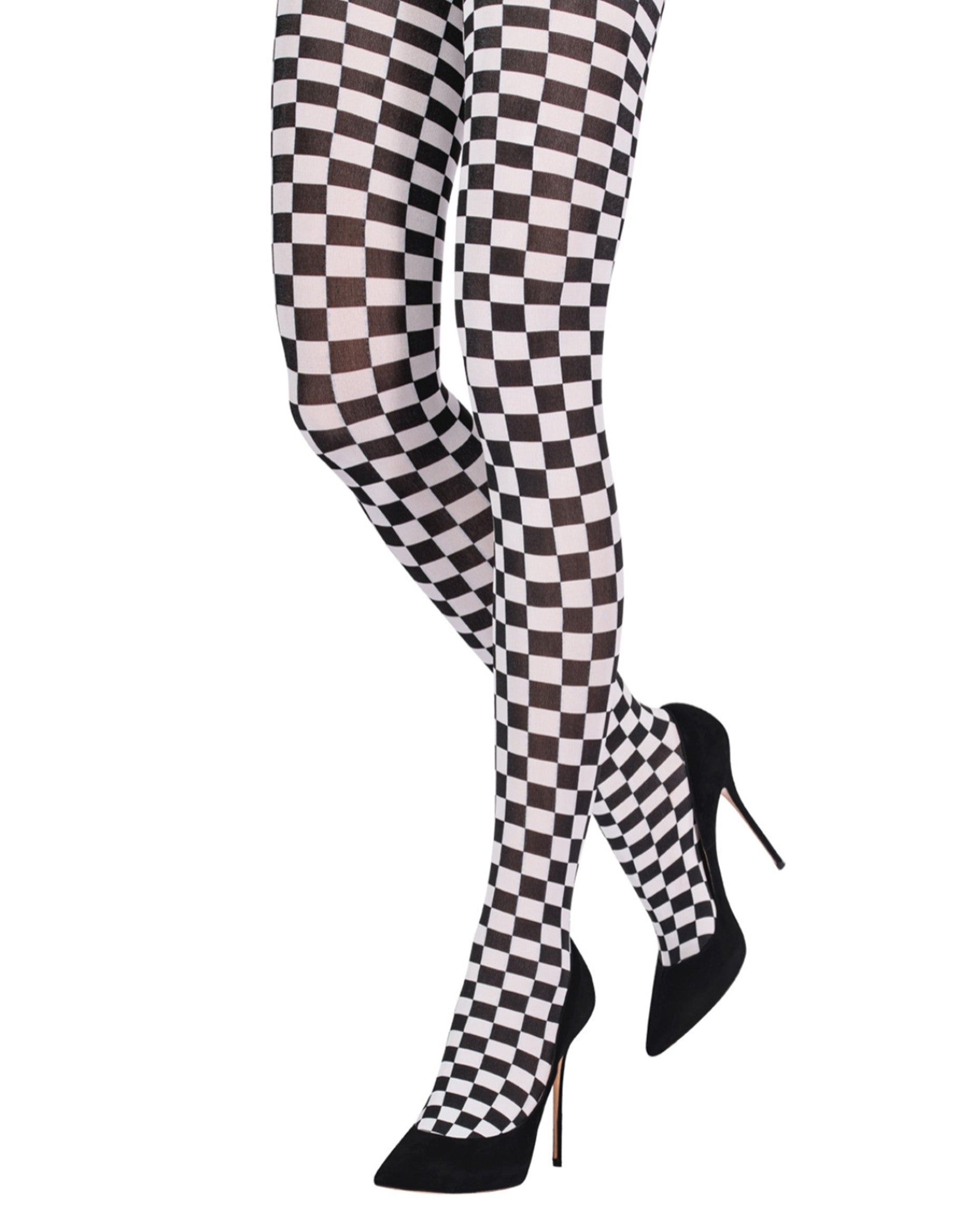 Emilio Cavallini 5E08.1.53 Optical Checkered Tights - Black and white checkered chess board patterned opaque fashion tights. Worn with black stilettos.