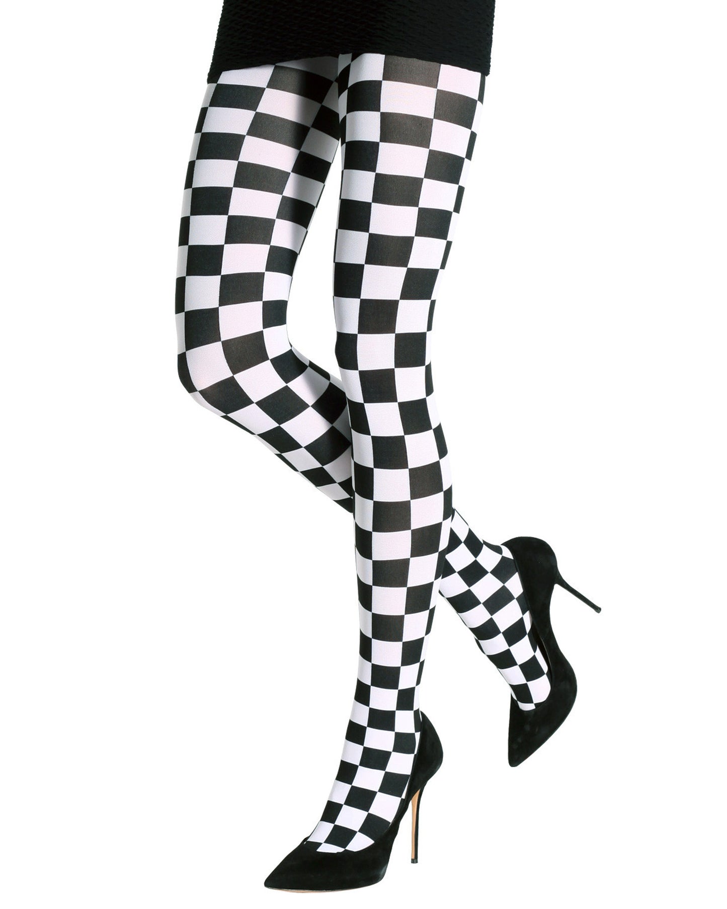 Emilio Cavallini Two Toned Chess Tights - Black and white checkered patterned opaque fashion tights, worn with black mini skirt and black stilettos.