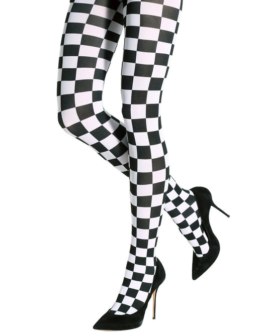 Emilio Cavallini Two Toned Chess Tights - Black and white checkered patterned opaque fashion tights, worn with black stilettos.