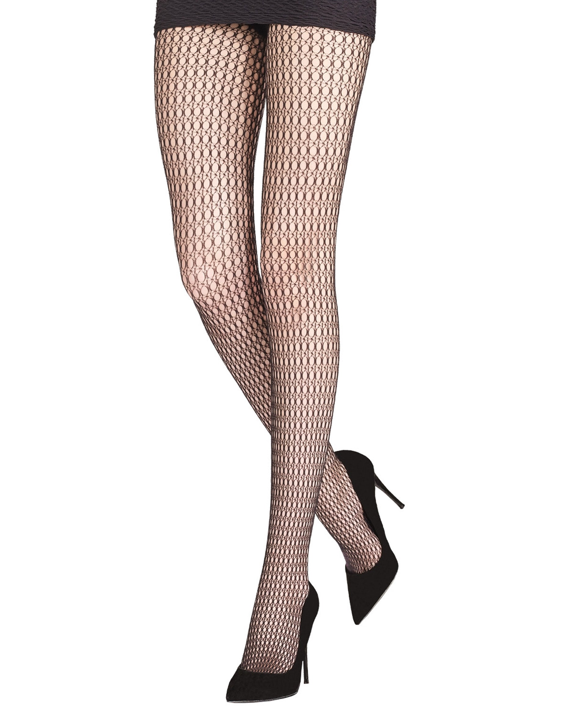 Emilio Cavallini Circles Net Tights - Black openwork crochet style fishnets with a circular style pattern, worn with black mini skirt and black high heel stilettos.