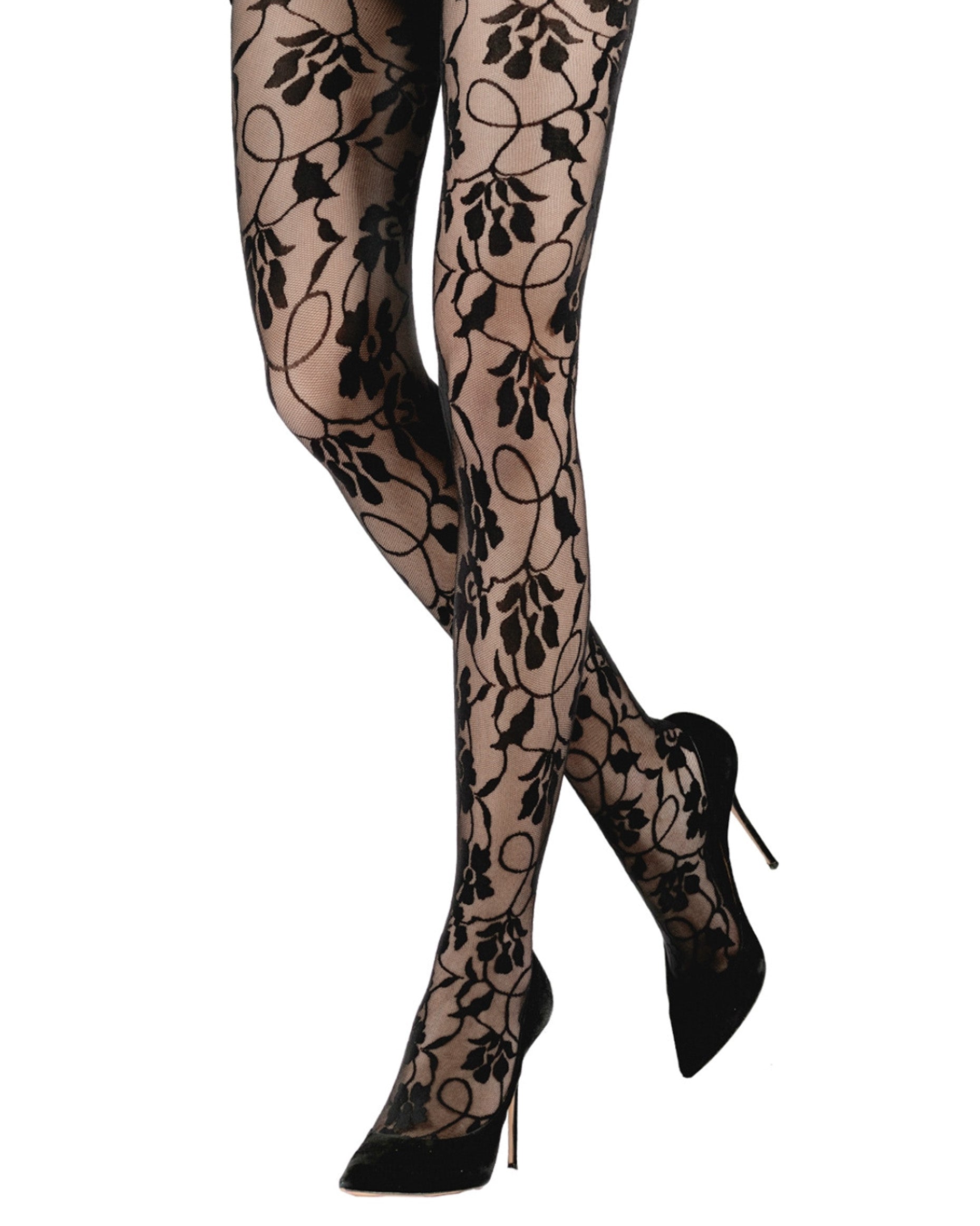 Emilio Cavallini Contemporary Lace Tights - floral and swirl lace tights in black, worn with black stilettos