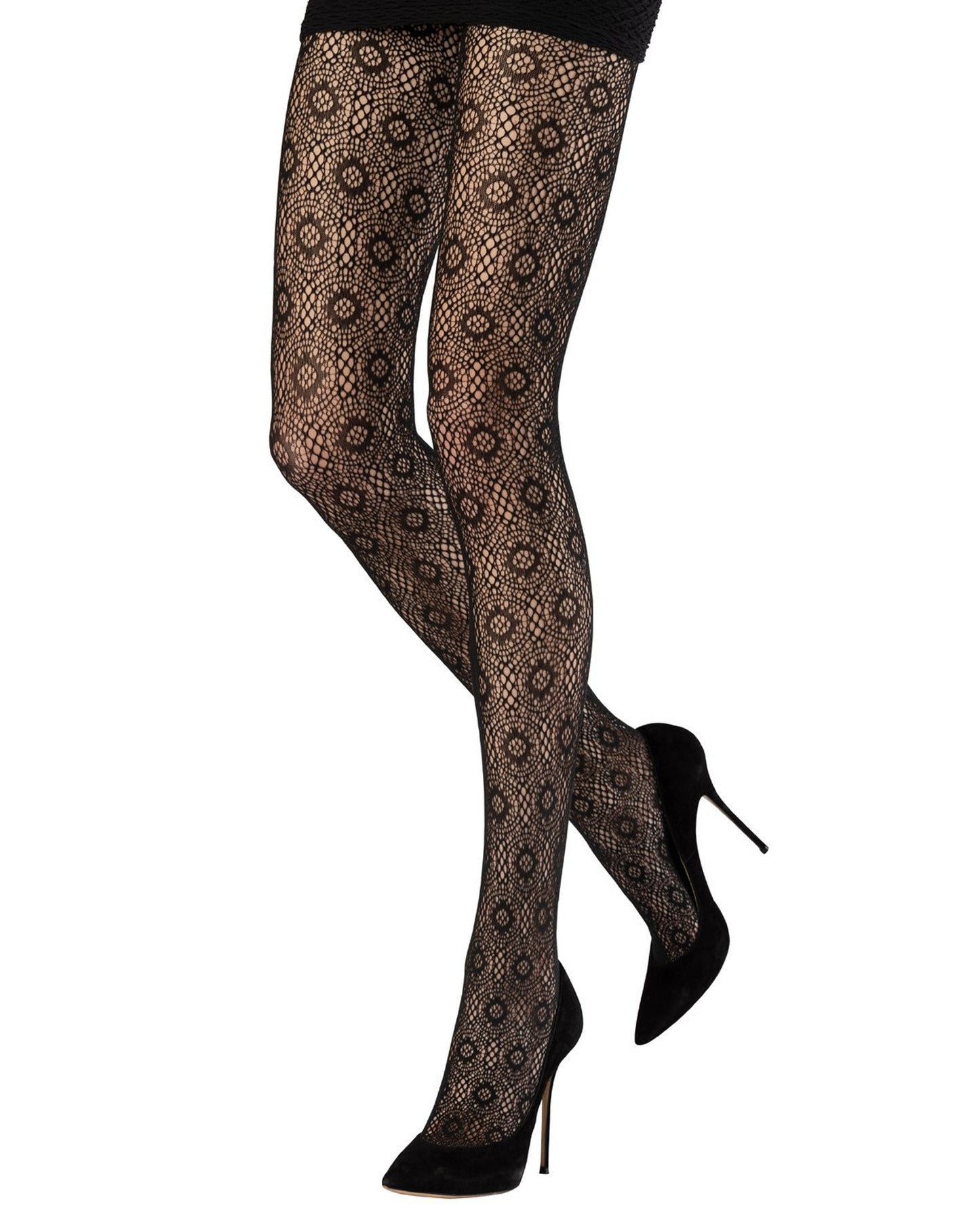 Emilio Cavallini Doily Crochet Tights - Black openwork crochet style fishnet lace tights with a circular style pattern, worn with black mini skirt and high heels.