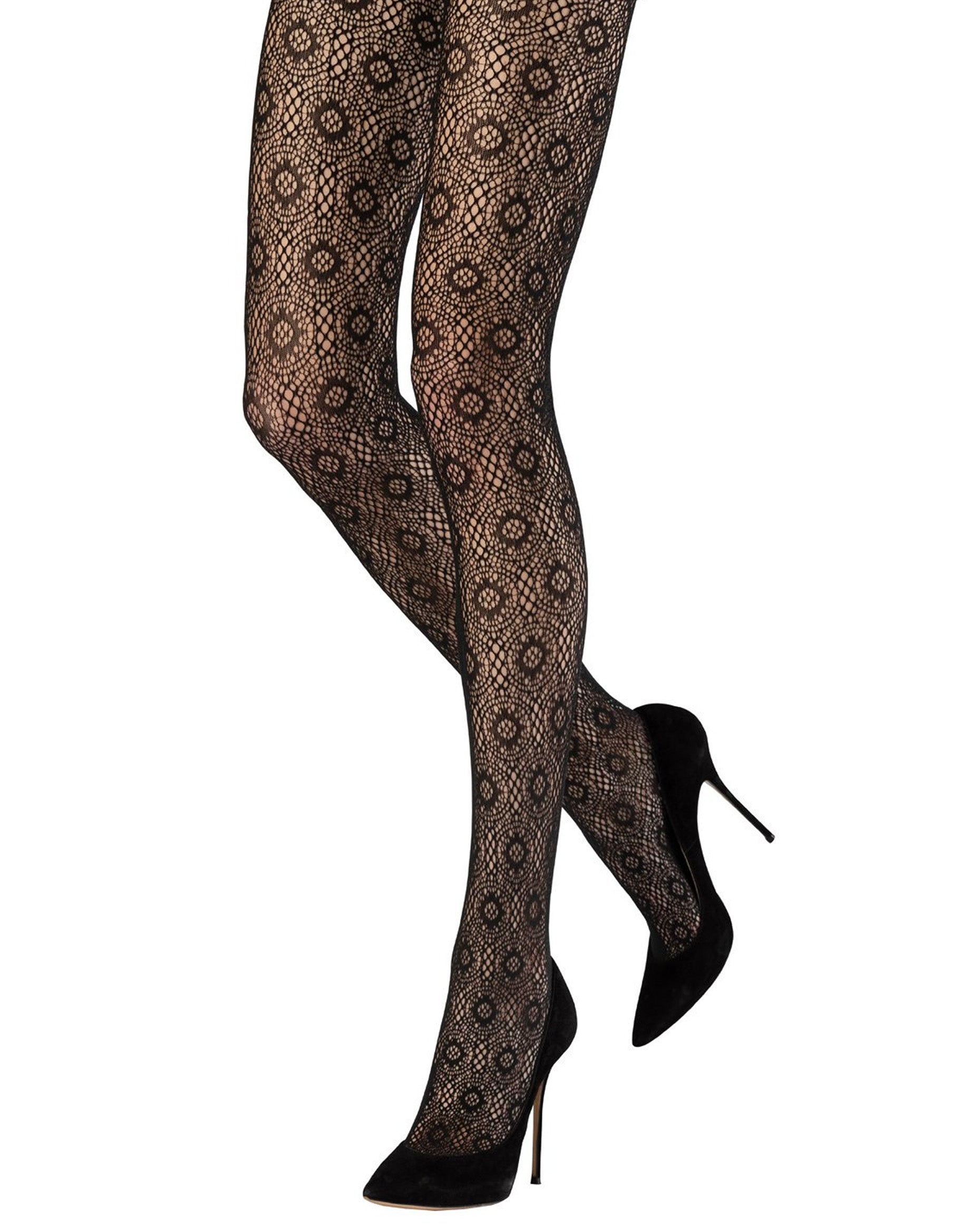 Emilio Cavallini Doily Crochet Tights - Black openwork crochet style fishnet lace tights with a circular style pattern, worn with black stiletto heels.