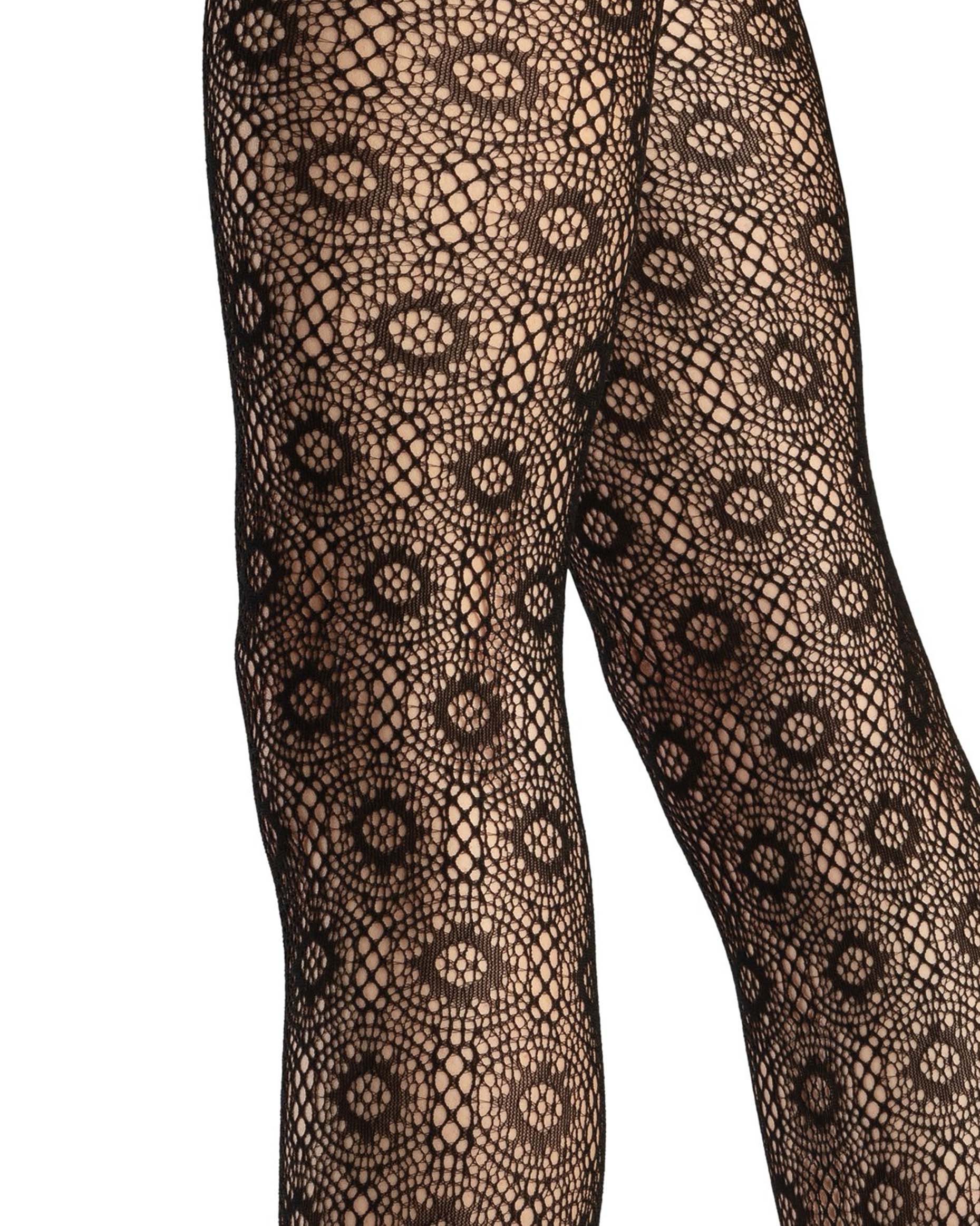 Emilio Cavallini Doily Crochet Tights - Black openwork crochet style fishnet lace tights with a circular style pattern, close up detail.