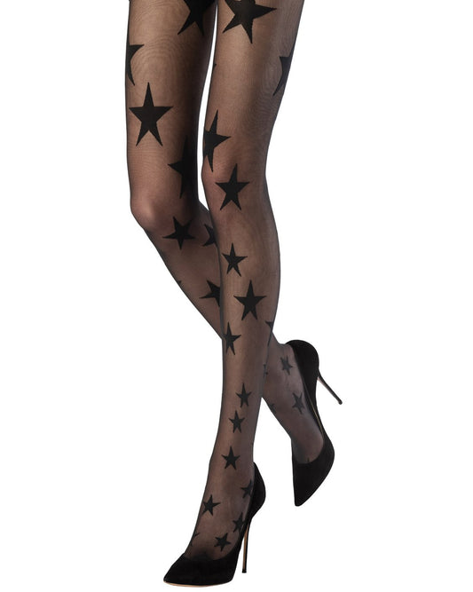 Emilio Cavallini Galaxy Tights - Sheer black fashion tights with an all over stars pattern, worn with high heels.