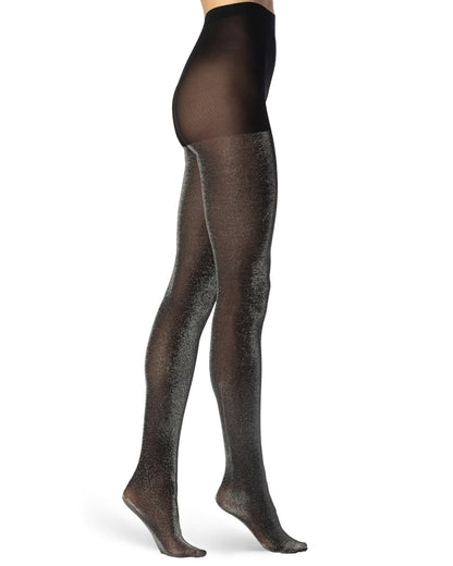 Emilio Cavallini 1130.1.6 Glitter Tights - Black tights with sparkly silver glitter lamé lurex. Side view.