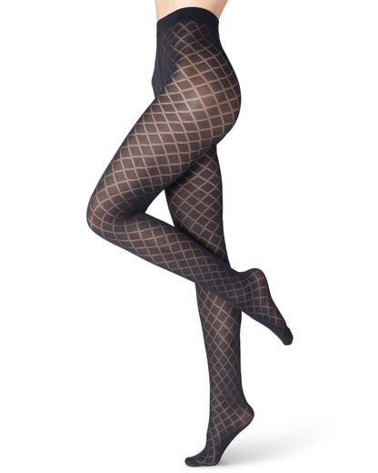 Emilio Cavallini Jacquard Diamonds Tights - Soft matte black opaque patterned tights with a sheer linear diamond pattern, flat seams and gusset. 